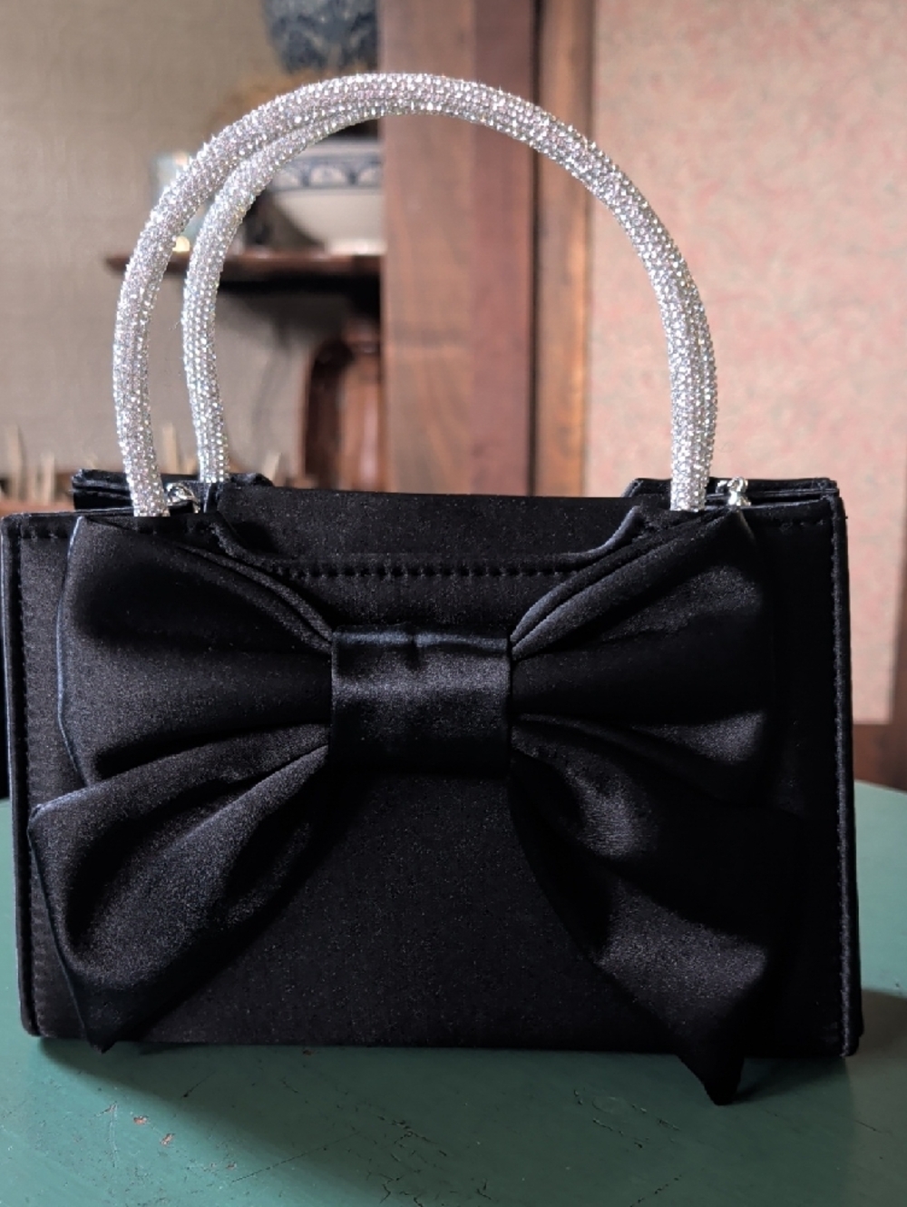 Elegant Black Bow Satin Handbag with Rhinestone Handles Formal Prom Event - Picture 3 of 10